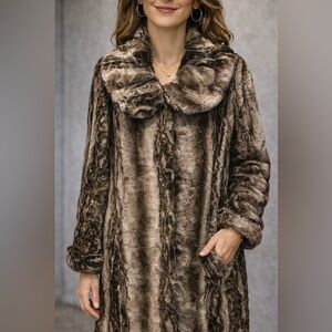 New Pamela McCoy Brown Beige Chinchilla Faux Fur Long Winter Coat